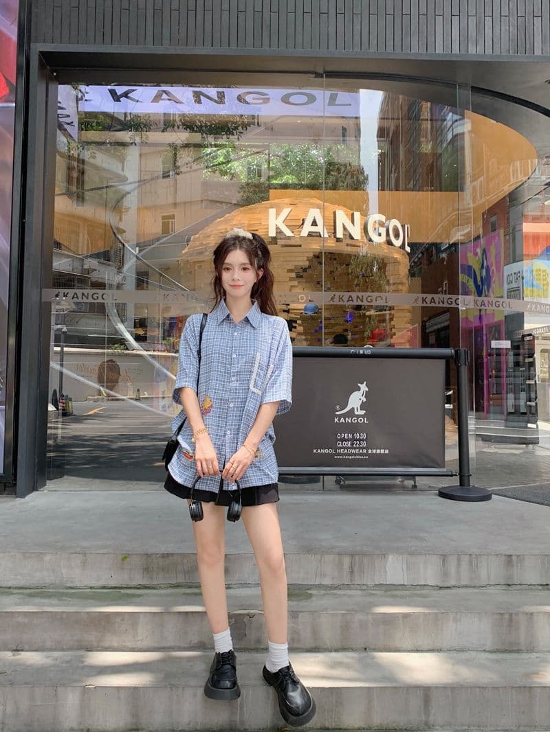 학원 스타일 레트로 프린트 격자 무늬 셔츠 여성용 짧은 소매 2026 여름 다용도 캐주얼 디자인 센스 POLO 칼라 맨위 상세 이미지 18