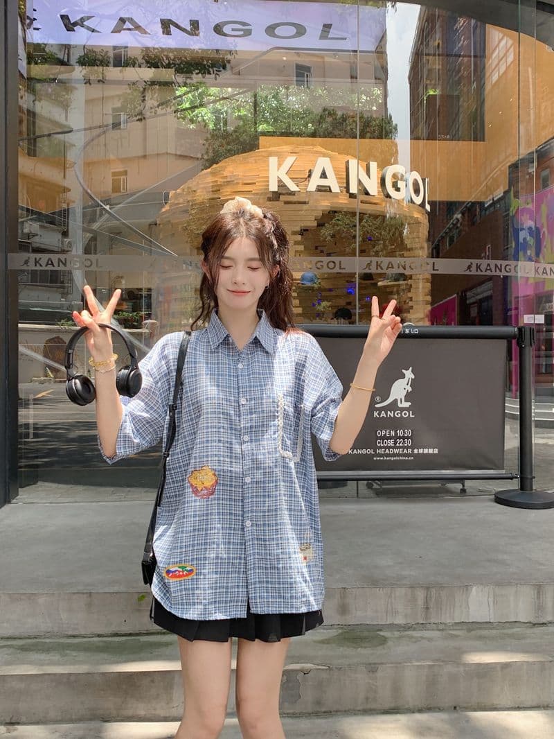 학원 스타일 레트로 프린트 격자 무늬 셔츠 여성용 짧은 소매 2026 여름 다용도 캐주얼 디자인 센스 POLO 칼라 맨위 상세 이미지 19