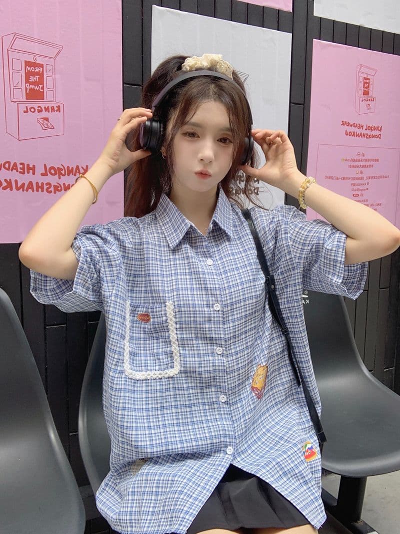 학원 스타일 레트로 프린트 격자 무늬 셔츠 여성용 짧은 소매 2026 여름 다용도 캐주얼 디자인 센스 POLO 칼라 맨위 상세 이미지 22