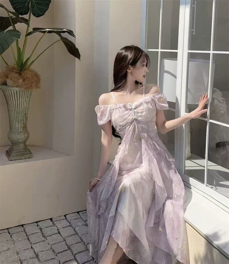 프랑스식 휴가 바람 고유 한 아름다운 꽃무늬 반팔 드레스 여름 새로운 요정 프릴 치마 상세 이미지 3