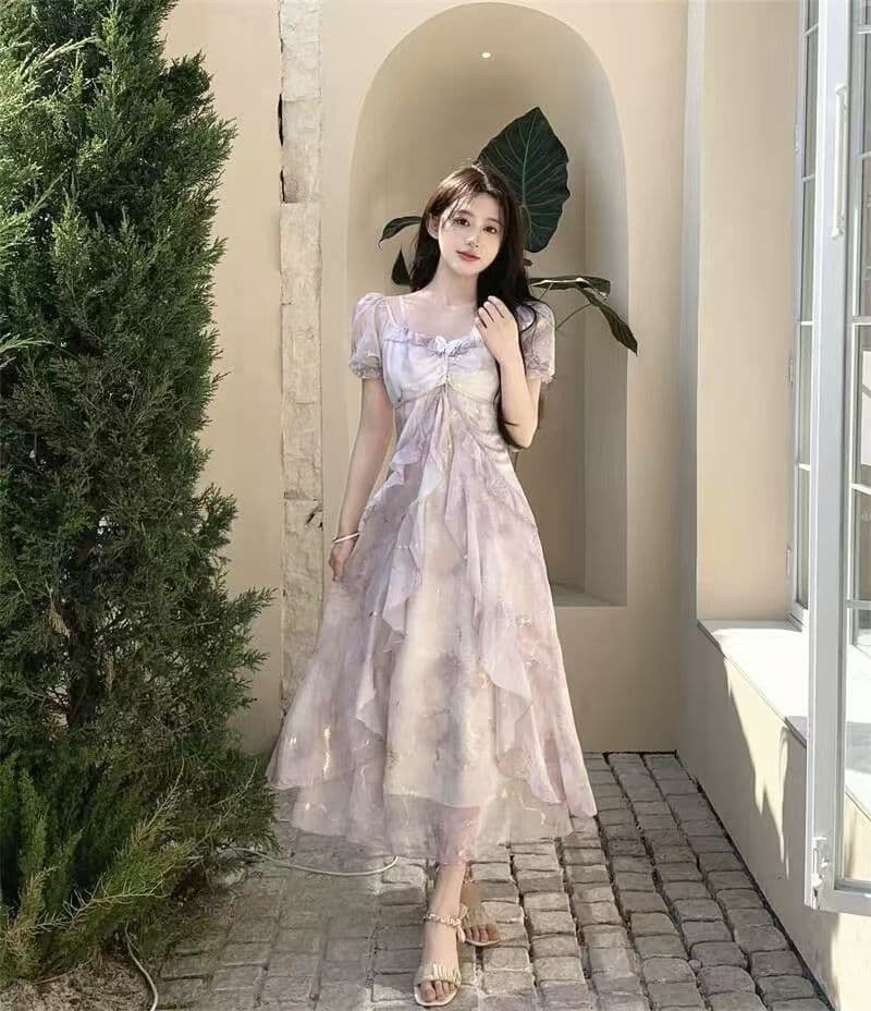 프랑스식 휴가 바람 고유 한 아름다운 꽃무늬 반팔 드레스 여름 새로운 요정 프릴 치마 상세 이미지 6
