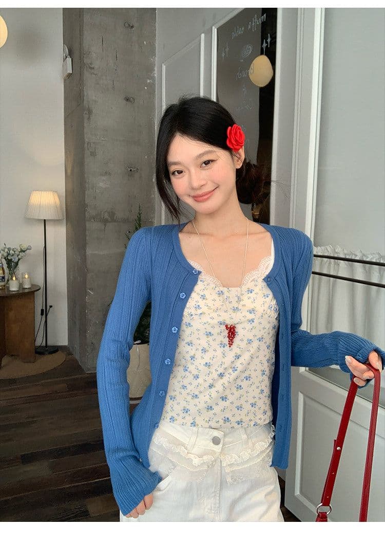 원본 원단 파란색 작은 꽃무늬 캐미솔 여름 한 부서 몸매 가꾸기 슬림해 보이는 쇼트 스타일 작은 맨위 상세 이미지 2
