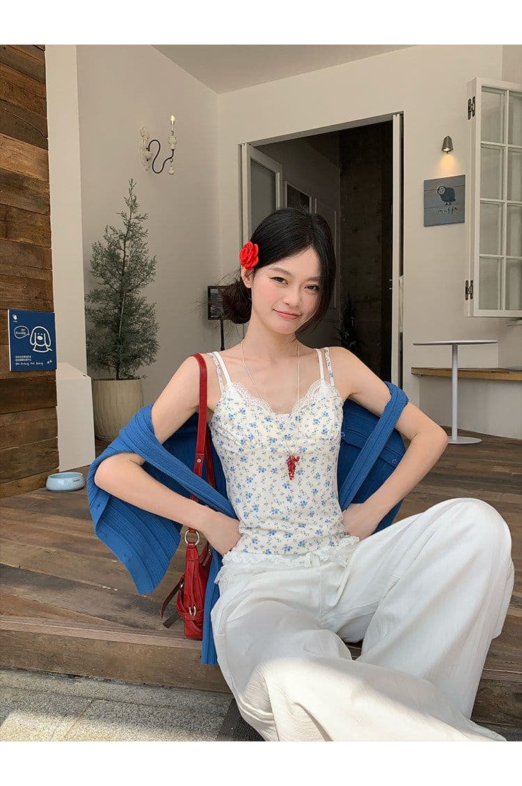 원본 원단 파란색 작은 꽃무늬 캐미솔 여름 한 부서 몸매 가꾸기 슬림해 보이는 쇼트 스타일 작은 맨위 상세 이미지 4