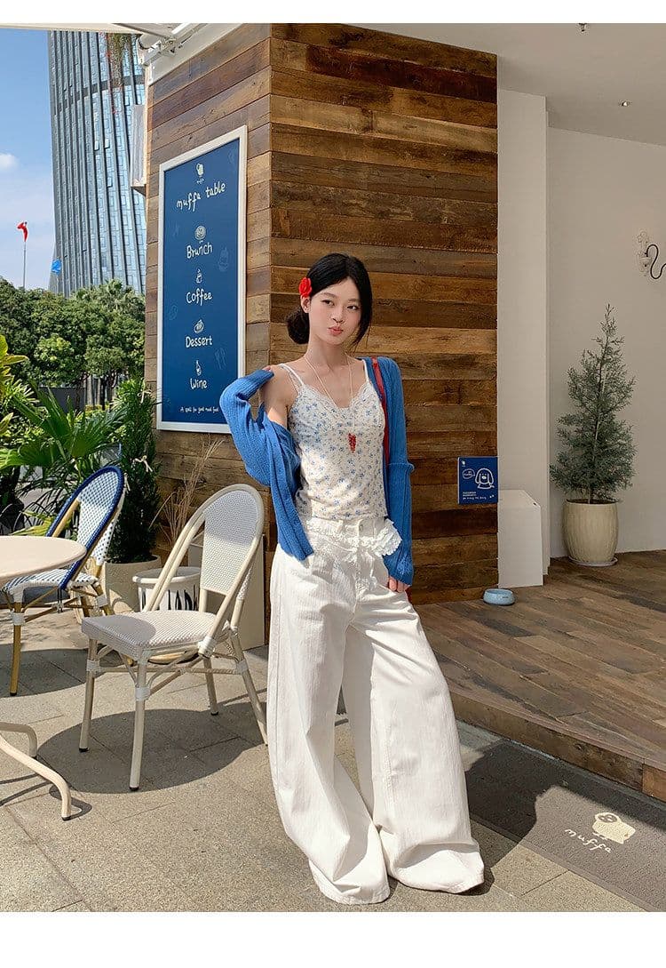 원본 원단 파란색 작은 꽃무늬 캐미솔 여름 한 부서 몸매 가꾸기 슬림해 보이는 쇼트 스타일 작은 맨위 상세 이미지 7