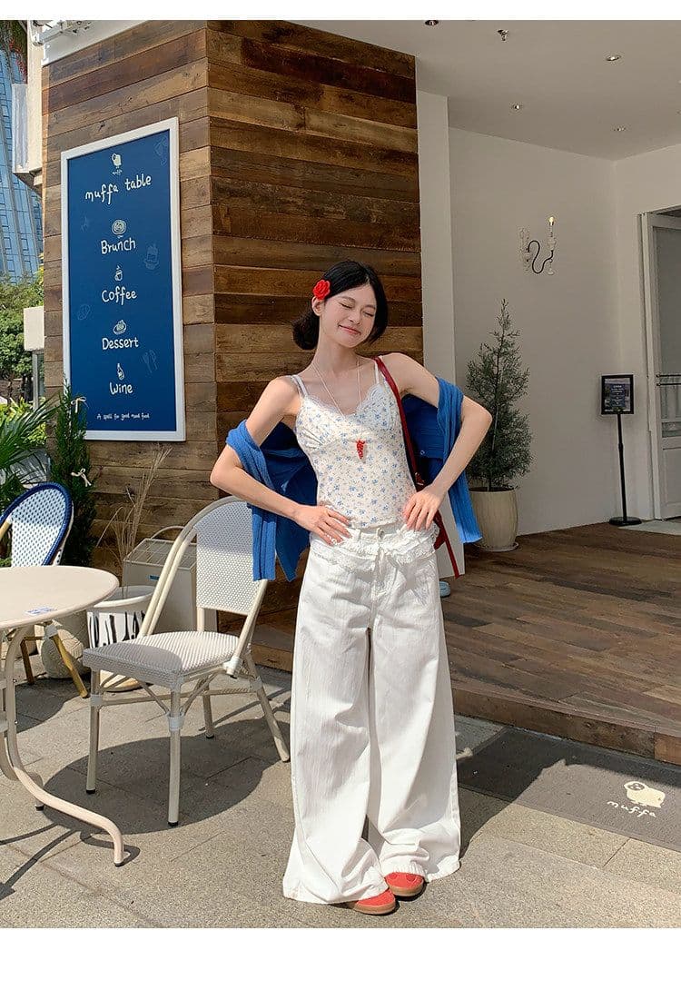 원본 원단 파란색 작은 꽃무늬 캐미솔 여름 한 부서 몸매 가꾸기 슬림해 보이는 쇼트 스타일 작은 맨위 상세 이미지 12