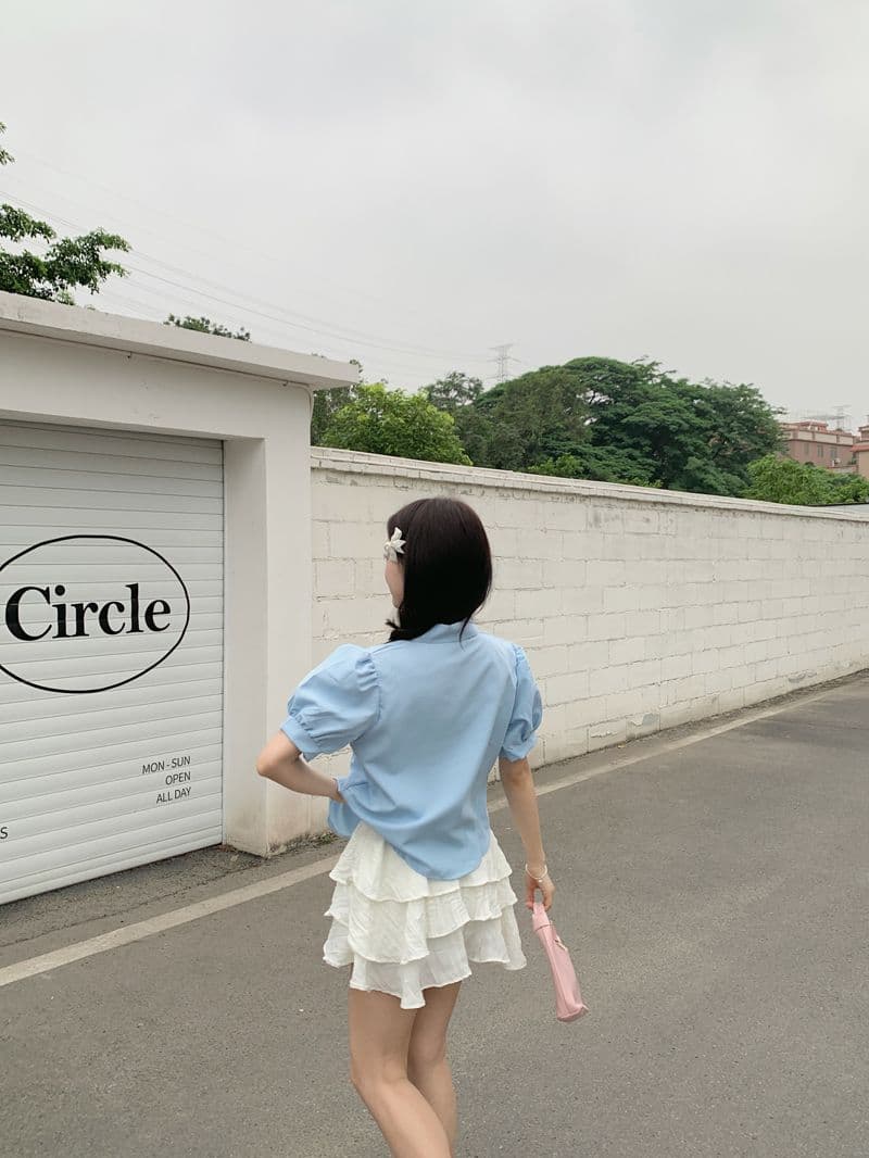 프랑스식 작은 대중 레이스 패치워크 파란색 맨위 여성 2026 여름 작은 청신 달콤함 Chic 반팔 셔츠 상세 이미지 5