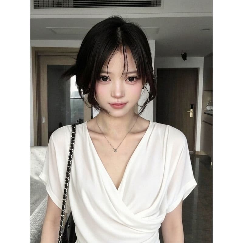 무료 자르다 프랑스식 레트로 화이트 흔들다 칼라 박쥐 반팔 티셔츠 여성 여름 허리 수축 기본 셔츠 맨위 이미지 3