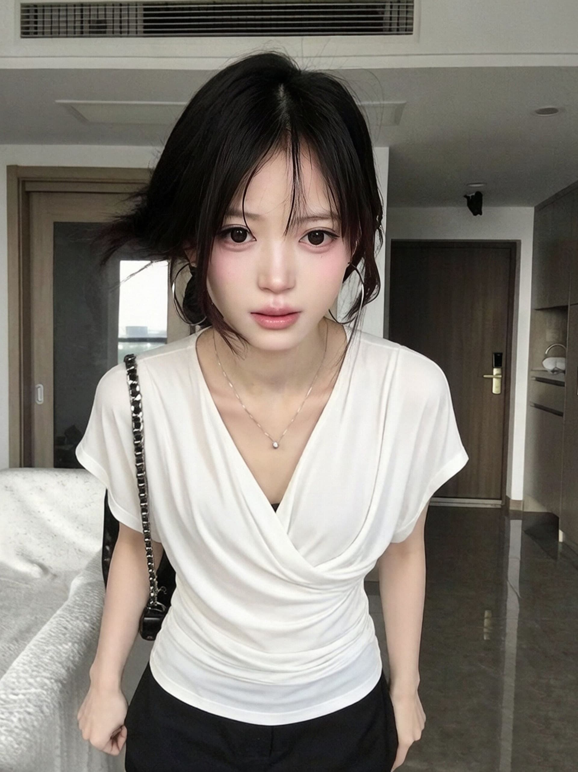 무료 자르다 프랑스식 레트로 화이트 흔들다 칼라 박쥐 반팔 티셔츠 여성 여름 허리 수축 기본 셔츠 맨위 상세 이미지 7