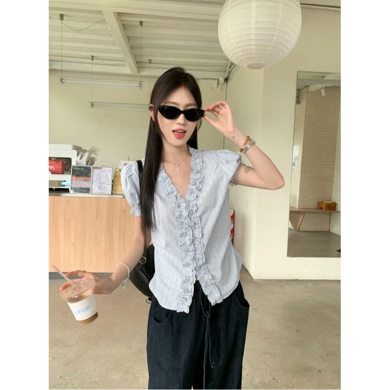 원본 것 파란색 프릴 스트라이프 거품 소매 여성 셔츠 여름 V넥 꼬집기 허리 반팔 맨위 이미지 3