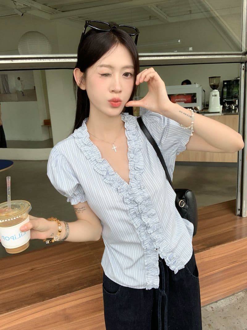 원본 것 파란색 프릴 스트라이프 거품 소매 여성 셔츠 여름 V넥 꼬집기 허리 반팔 맨위 상세 이미지 16