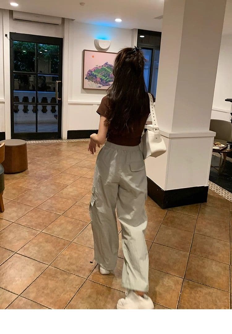 속도 건조한 나일론 레트로 핫걸 스트레이트 워크웨어 캐주얼 바지 여성 여름 하이웨이스트 바닥 청소 펌프 로프 조거 긴 바지 상세 이미지 37