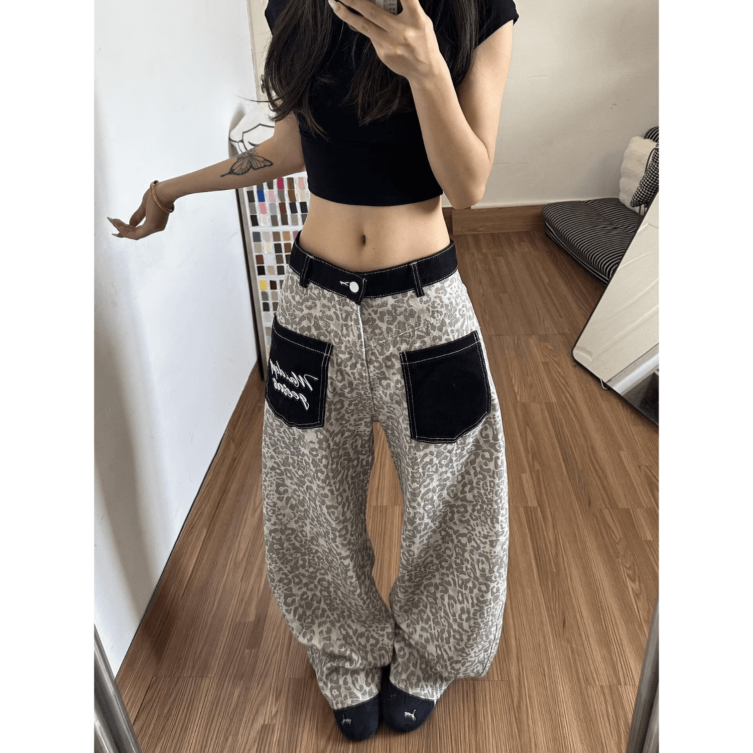 레트로 레오파드 무늬 청바지 남녀 새로운 주머니 디자인 센스 높음 거리 도루 센스 넓은 다리 바닥 청소 긴 바지 이미지 2