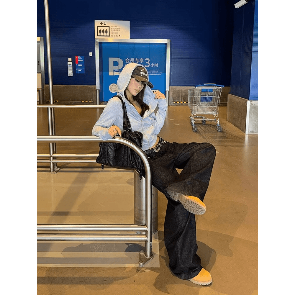 아메리칸 십자가 자수 징 모통이 칼 청바지 남녀 루즈핏 디자인 센스 캐주얼 스트레이트 넓은 다리 바닥 청소 바지 이미지 5