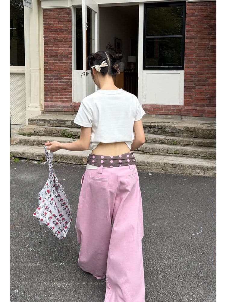 달콤한 차가운 도트 무늬 패치워크 낙하산 병 바지 아이들 루즈핏 스트레이트 워크웨어 팬츠 와이드 레그 팬츠 캐주얼 운동 긴 바지 상세 이미지 4