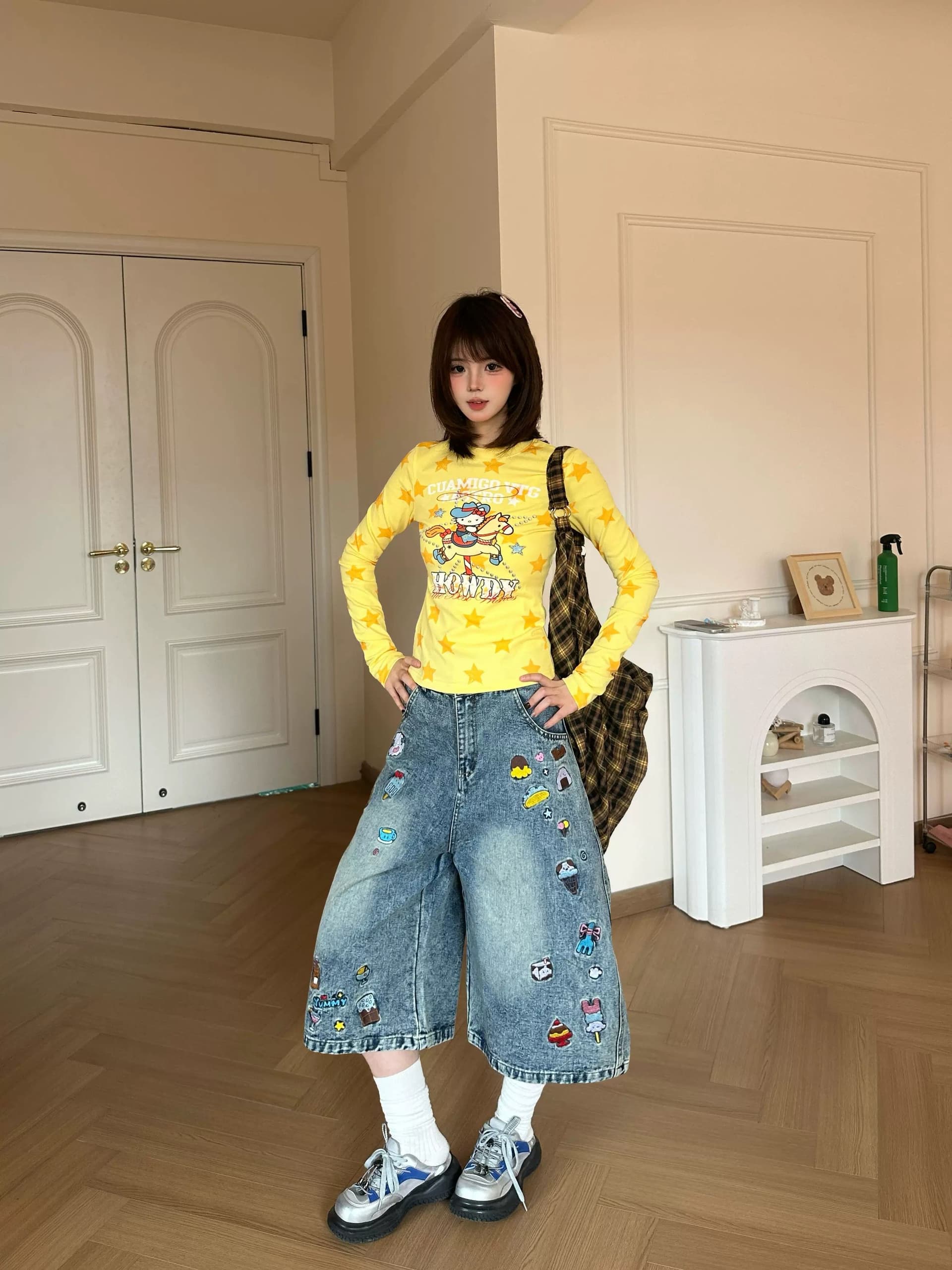 아메리칸 레트로 워싱 재미있는 만화 자수 루즈핏 넓은 다리 스트레이트 데님 7부 바지 여름 반바지 상세 이미지 7