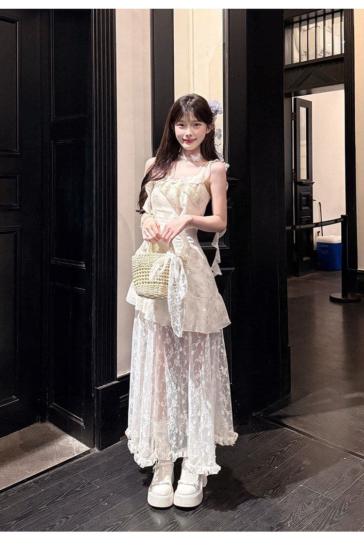 부드러운 바람 자수 레이스 조각 슬립 여성 드레스 여름 새로운 휴가 프릴 리본 요정 롱 스커트 상세 이미지 10