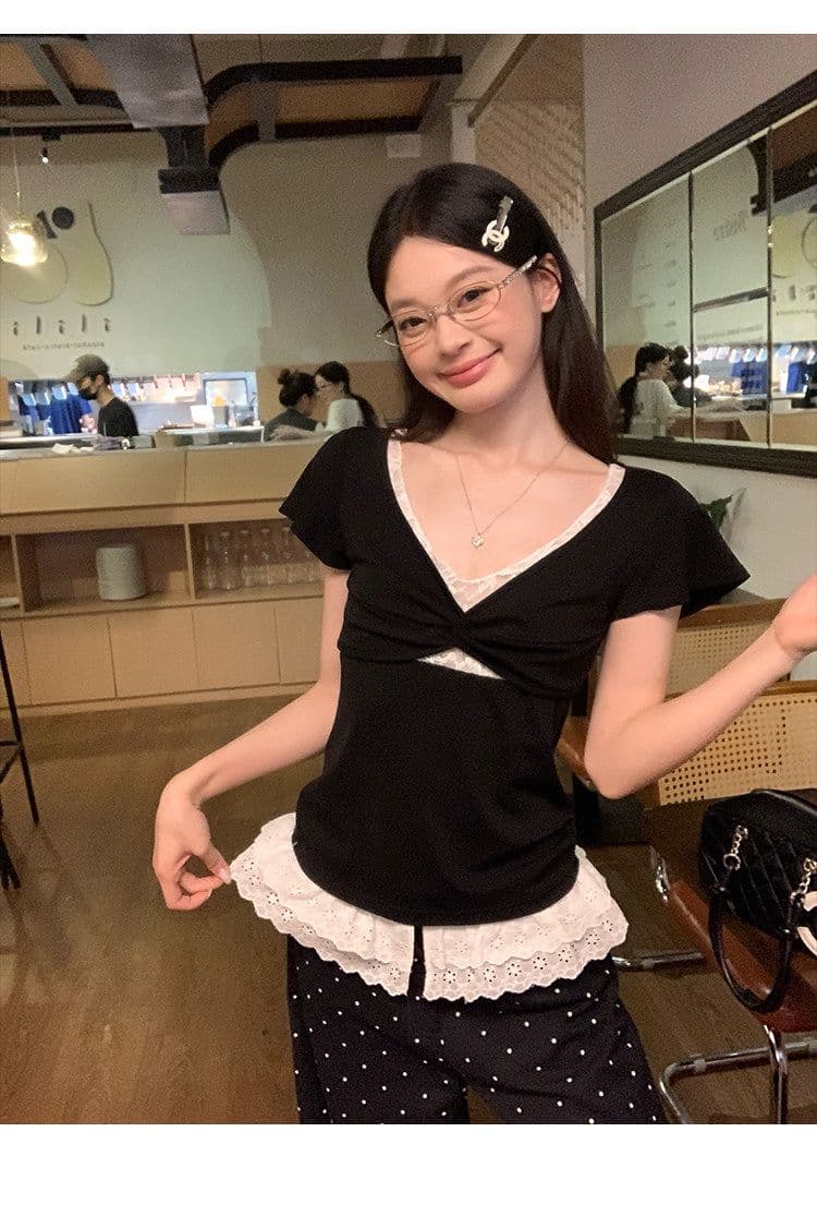 원본 원단 검정색 V넥 페이크 레이어드 반팔 티셔츠 여성 몸매 가꾸기 한 부서 디자인 센스 슬림해 보이는 맨위 트렌디 상세 이미지 18