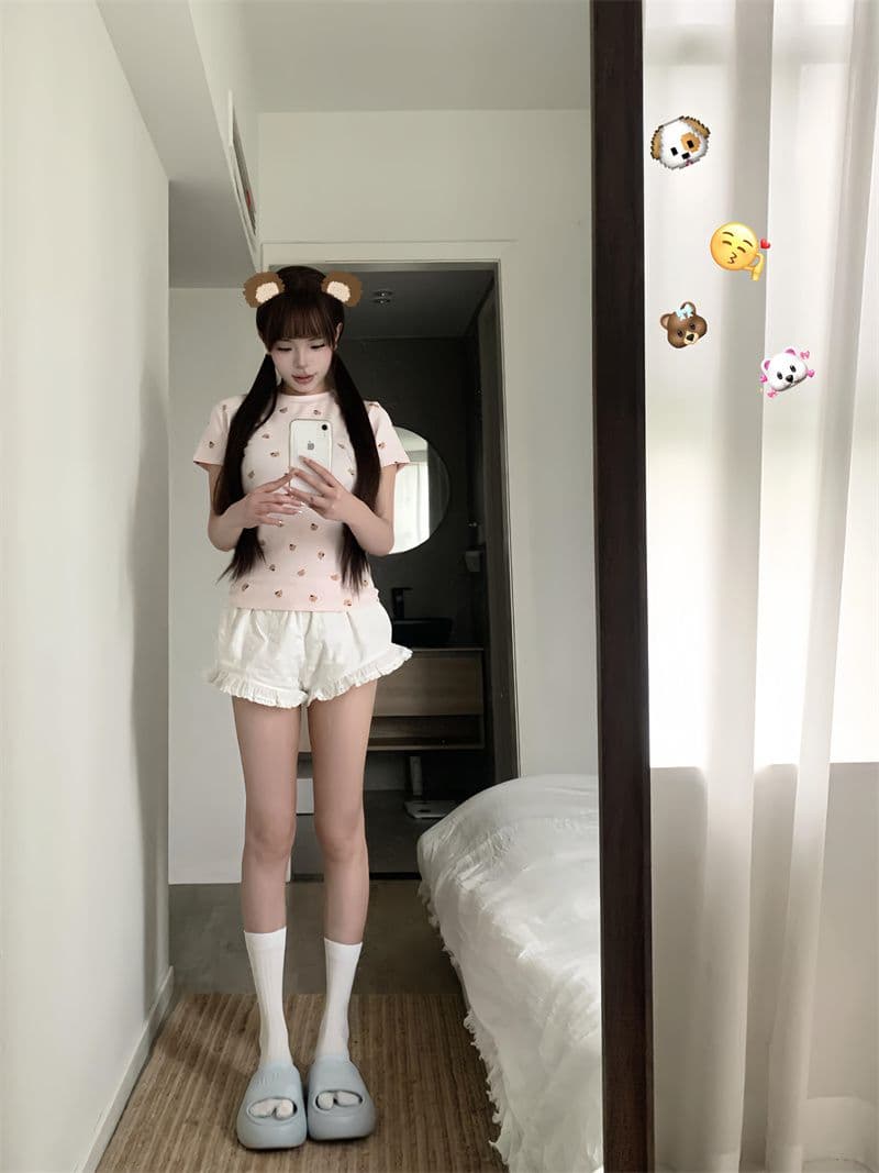 좋은 품질 천 인쇄 40 220 그램 92 면 8 암모니아 Lun 긍정적 인 어깨 작은 곰 프린트 반팔 티셔츠 상세 이미지 5