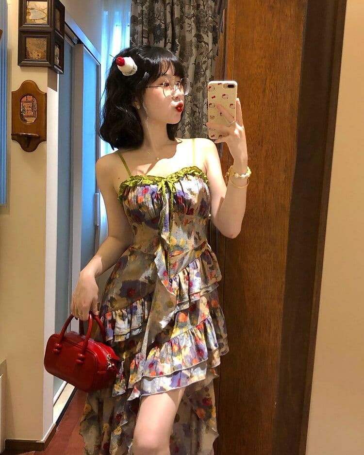 그린 필드 장미 섬 유화 바람 층 스택 아니요 백리스 에디션 슬립 드레스 여름 유화 바람 꽃무늬 휴가 치마 상세 이미지 9