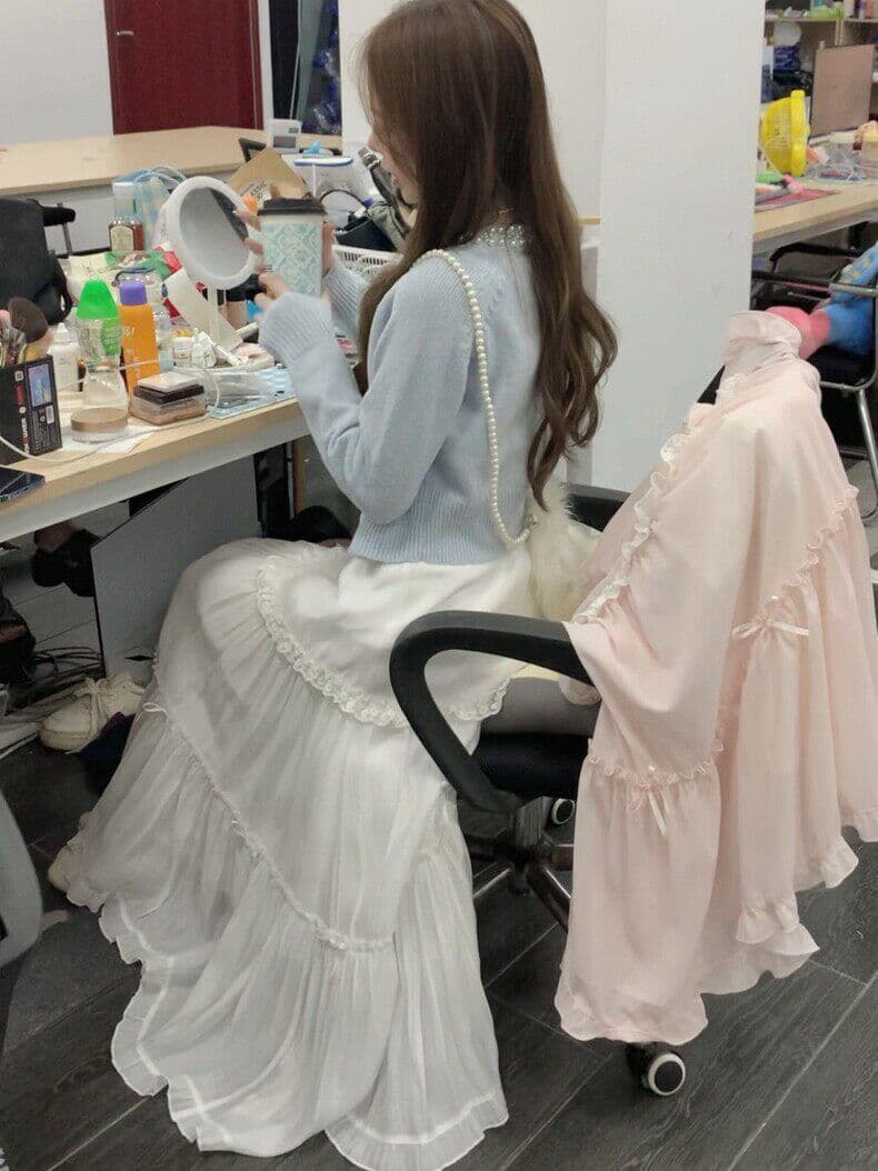 일본식 달콤함 작은 청신 소녀 나비 매듭 하이웨이스트 슬림해 보이는 대 치마 반신 스커트 요정 롱 스커트 봄 새로운 상세 이미지 5