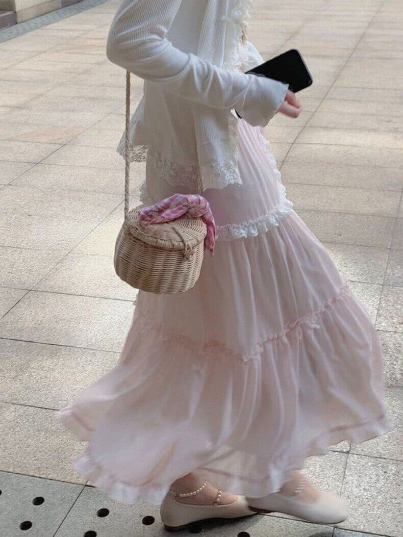 일본식 달콤함 작은 청신 소녀 나비 매듭 하이웨이스트 슬림해 보이는 대 치마 반신 스커트 요정 롱 스커트 봄 새로운 상세 이미지 6