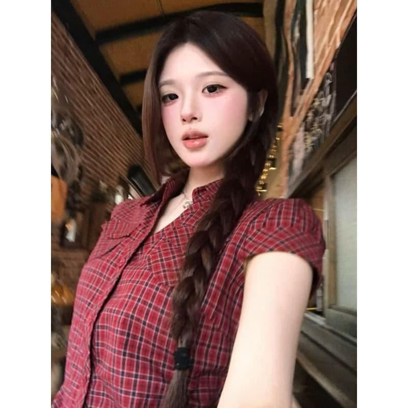 원본 컬러 짜임 그리드 레트로 핫걸 체크무늬 반팔 여성 셔츠 여름 몸매 가꾸기 슬림해 보이는 허리 수축 긍정적 인 어깨 의류 이미지 3