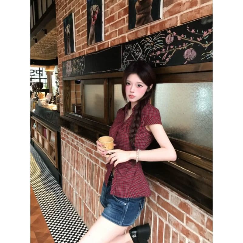 원본 컬러 짜임 그리드 레트로 핫걸 체크무늬 반팔 여성 셔츠 여름 몸매 가꾸기 슬림해 보이는 허리 수축 긍정적 인 어깨 의류 이미지 4