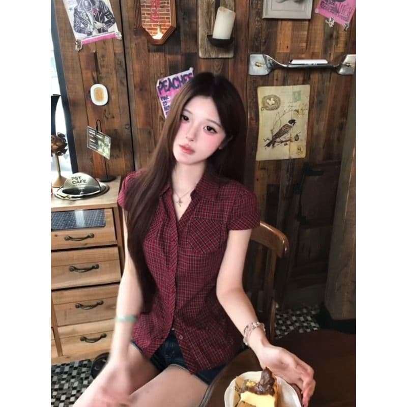 원본 컬러 짜임 그리드 레트로 핫걸 체크무늬 반팔 여성 셔츠 여름 몸매 가꾸기 슬림해 보이는 허리 수축 긍정적 인 어깨 의류 이미지 6