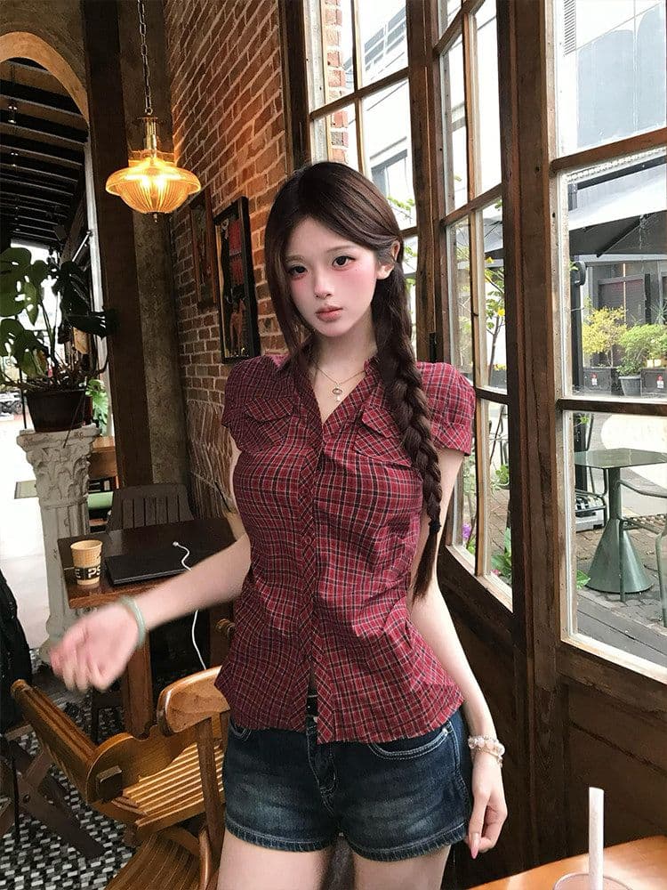 원본 컬러 짜임 그리드 레트로 핫걸 체크무늬 반팔 여성 셔츠 여름 몸매 가꾸기 슬림해 보이는 허리 수축 긍정적 인 어깨 의류 상세 이미지 2