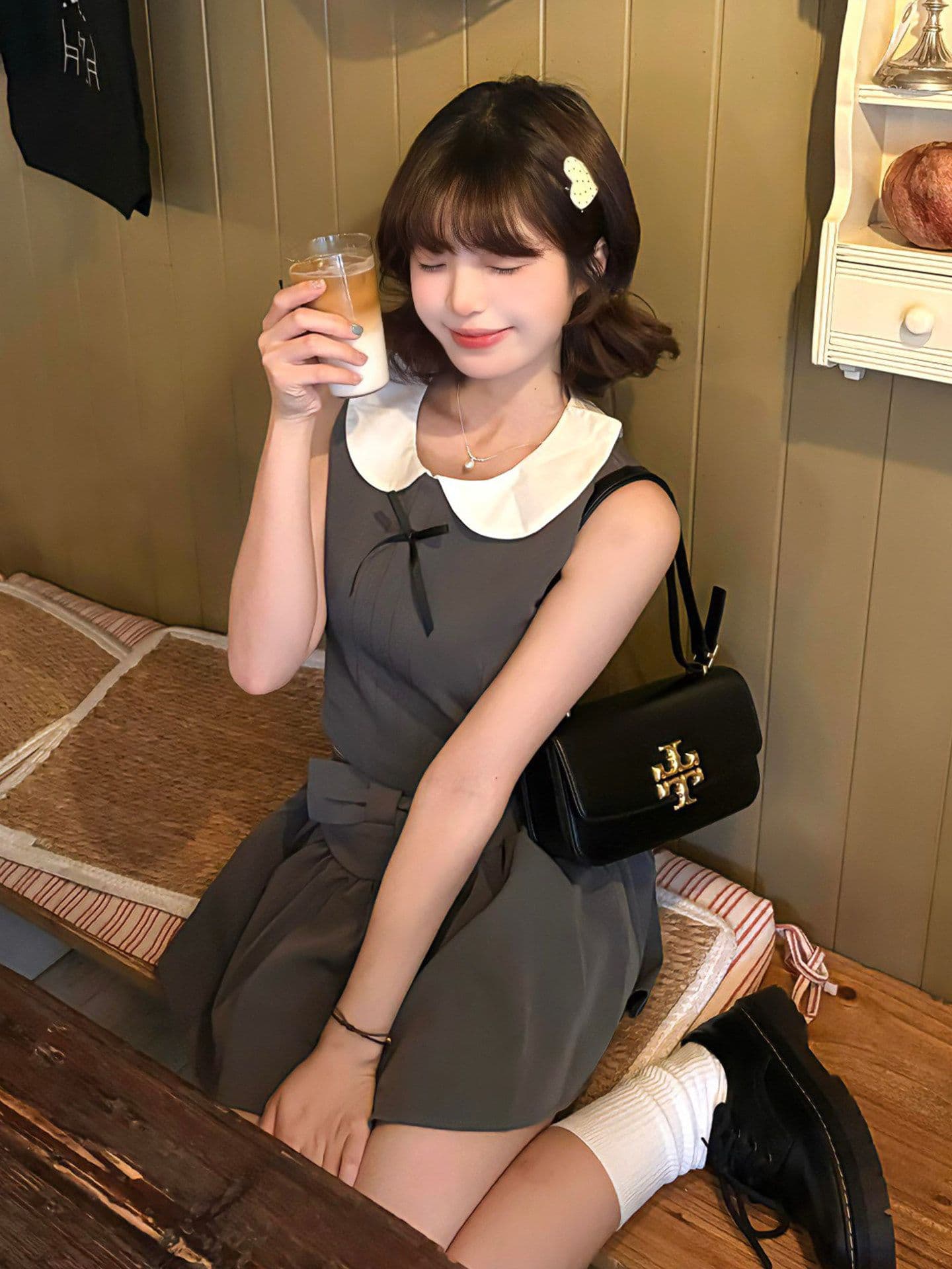 한 부서 천 골드 센스 착용 가져 가라. 전체 집합 자이언트 잘 생긴 달콤함 베이비 칼라 조끼 맨위 나비 매듭 반 스커트 투피스 세트 상세 이미지 3