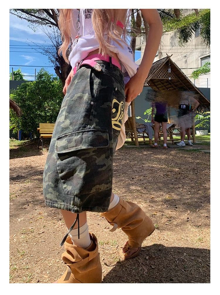 아메리칸 레트로 카모플라주 펌프 로프 오부 바지 여름 남녀 루즈핏 스트레이트 넓은 다리 워크웨어 반바지 상세 이미지 4
