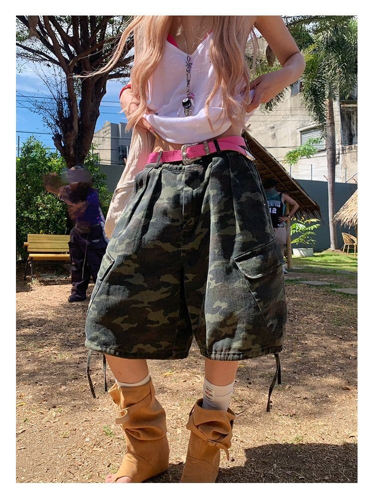 아메리칸 레트로 카모플라주 펌프 로프 오부 바지 여름 남녀 루즈핏 스트레이트 넓은 다리 워크웨어 반바지 상세 이미지 5