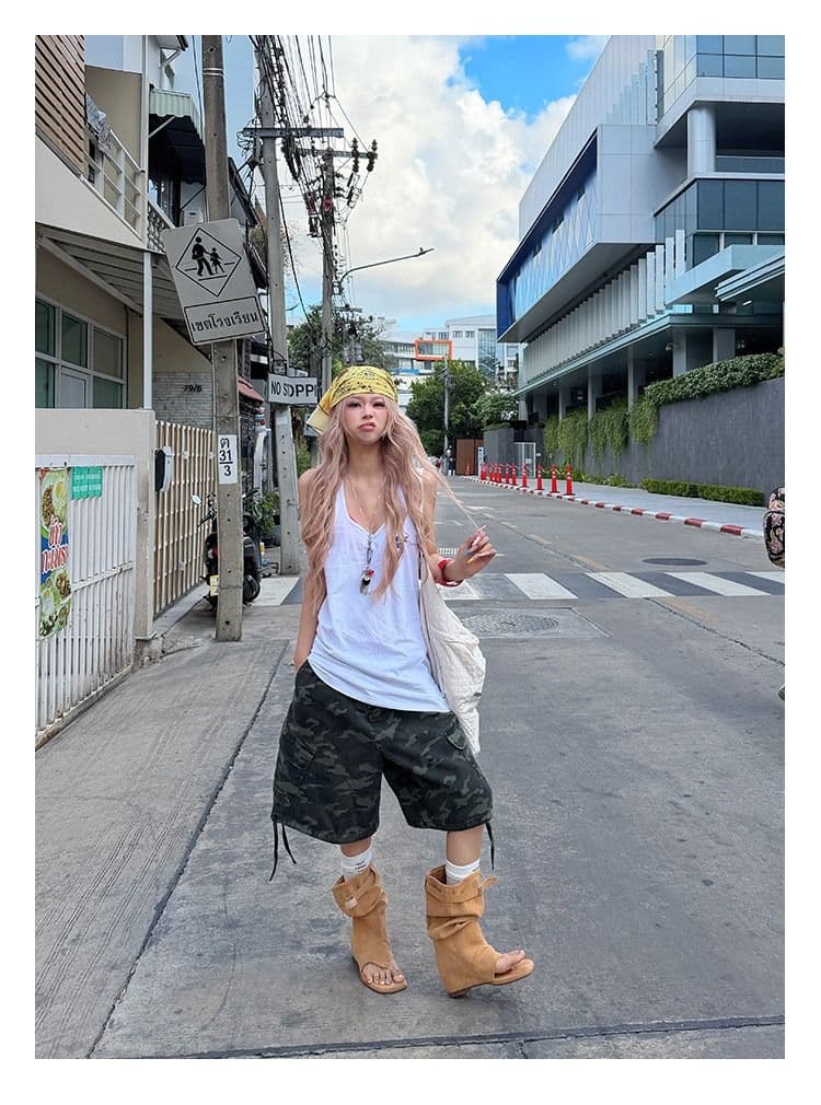 아메리칸 레트로 카모플라주 펌프 로프 오부 바지 여름 남녀 루즈핏 스트레이트 넓은 다리 워크웨어 반바지 상세 이미지 7