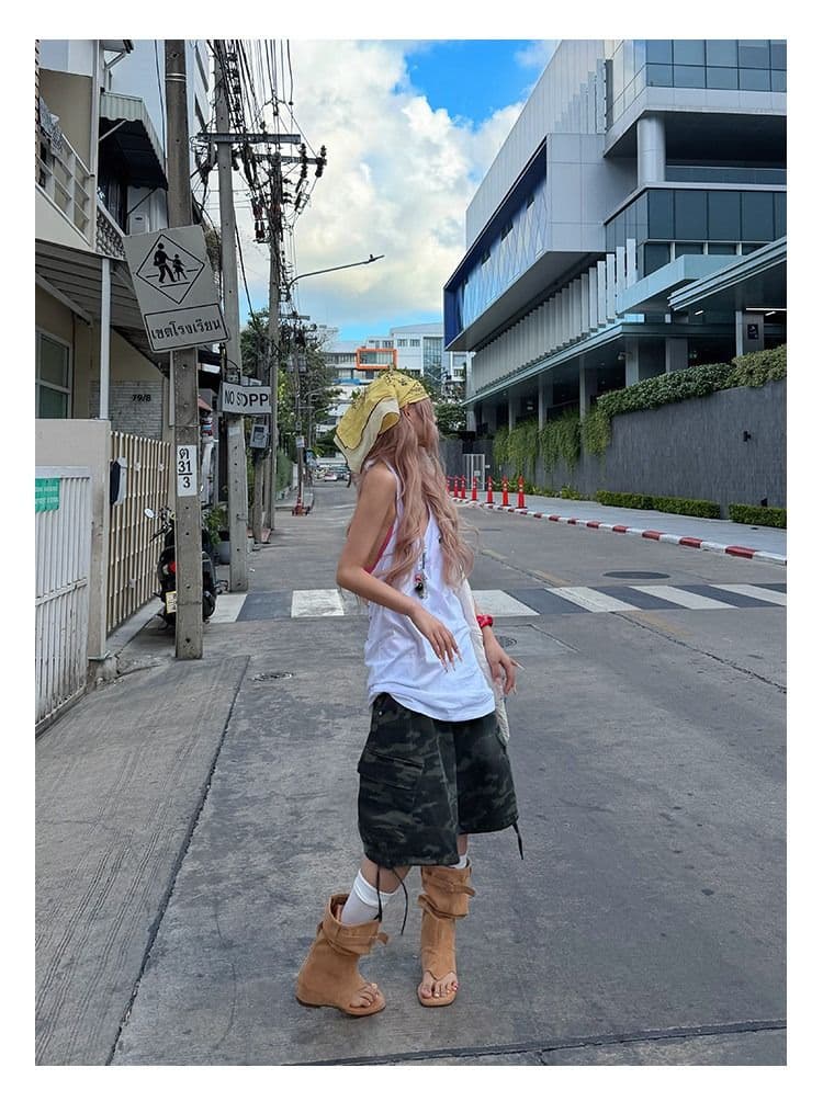 아메리칸 레트로 카모플라주 펌프 로프 오부 바지 여름 남녀 루즈핏 스트레이트 넓은 다리 워크웨어 반바지 상세 이미지 8