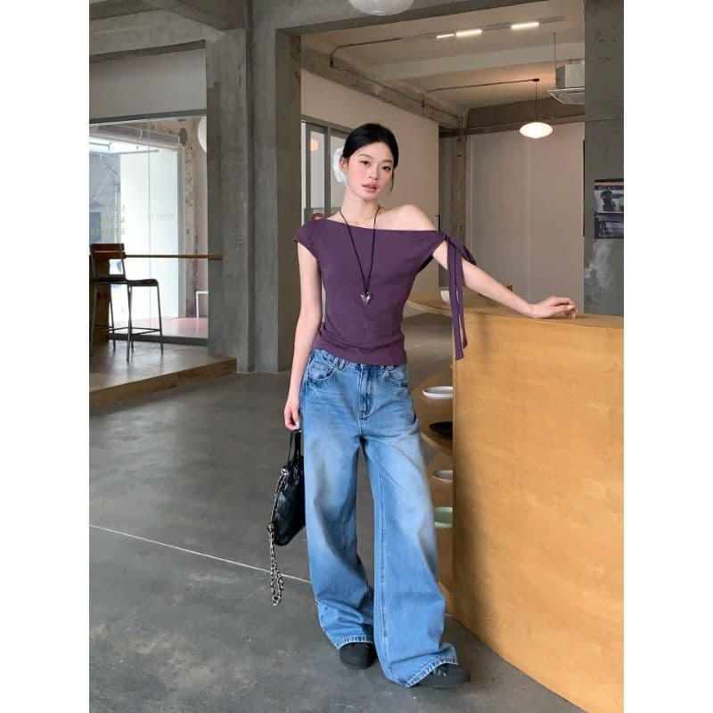 원본 대나무 마디 면 보라색 레이스업 비스듬한 어깨 반팔 티셔츠 여성 여름 디자인 센스 핫걸 오프숄더 몸매 가꾸기 맨위 이미지 2