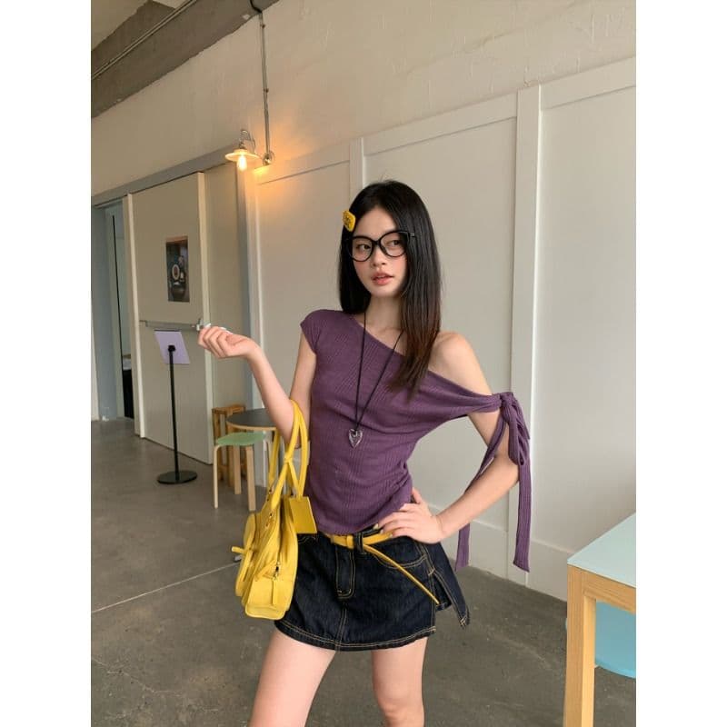 원본 대나무 마디 면 보라색 레이스업 비스듬한 어깨 반팔 티셔츠 여성 여름 디자인 센스 핫걸 오프숄더 몸매 가꾸기 맨위 이미지 3