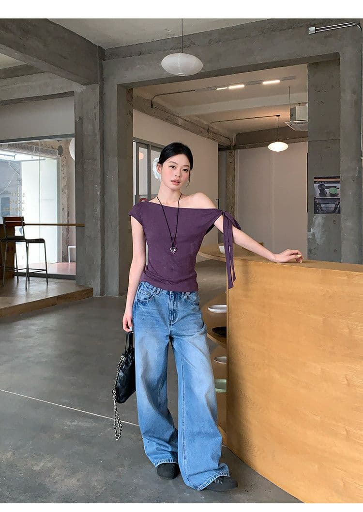 원본 대나무 마디 면 보라색 레이스업 비스듬한 어깨 반팔 티셔츠 여성 여름 디자인 센스 핫걸 오프숄더 몸매 가꾸기 맨위 상세 이미지 3