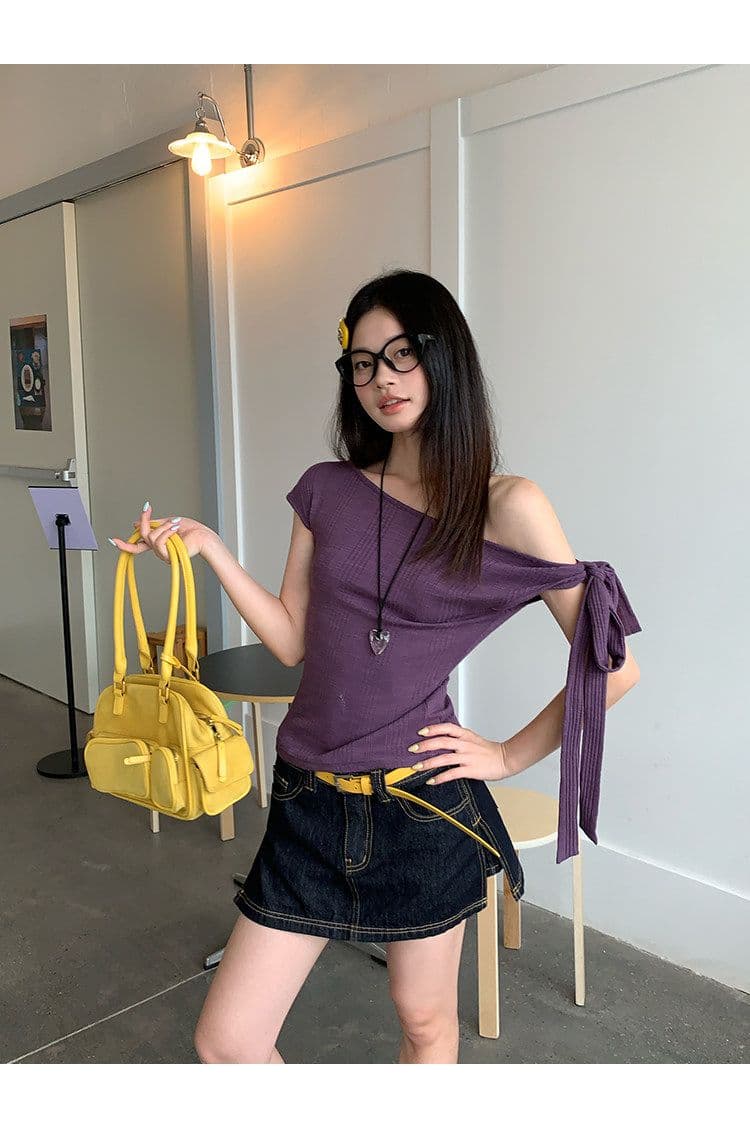 원본 대나무 마디 면 보라색 레이스업 비스듬한 어깨 반팔 티셔츠 여성 여름 디자인 센스 핫걸 오프숄더 몸매 가꾸기 맨위 상세 이미지 4
