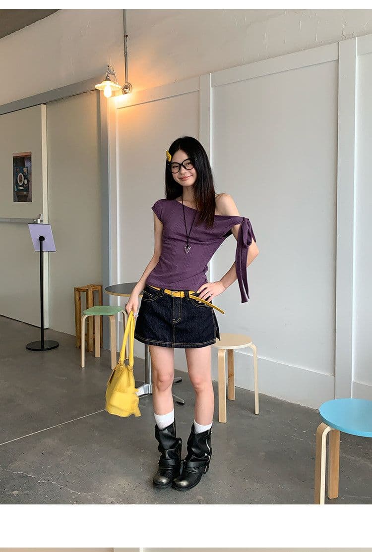 원본 대나무 마디 면 보라색 레이스업 비스듬한 어깨 반팔 티셔츠 여성 여름 디자인 센스 핫걸 오프숄더 몸매 가꾸기 맨위 상세 이미지 5