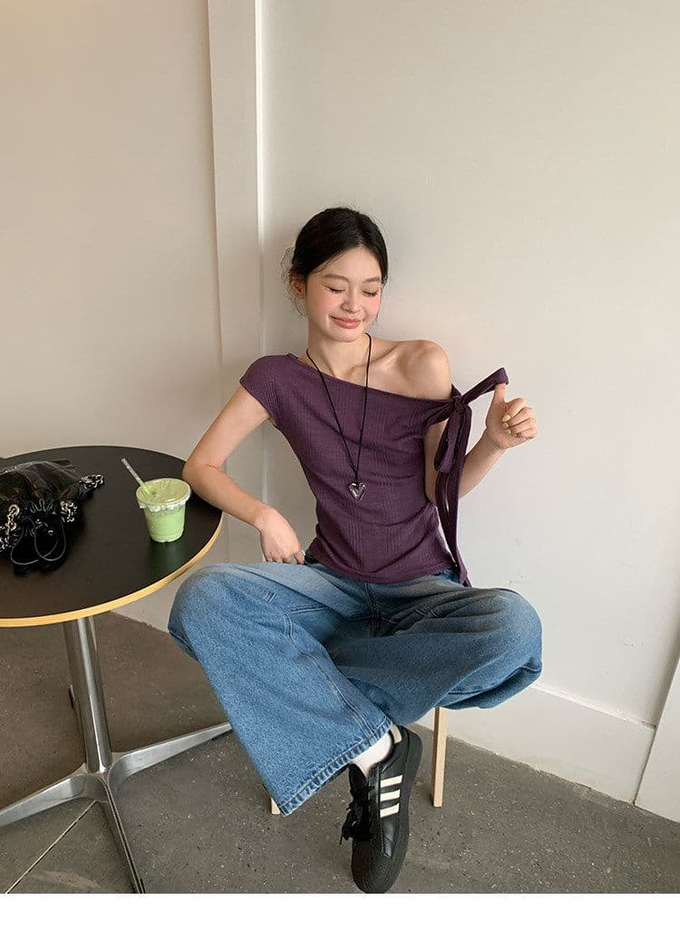 원본 대나무 마디 면 보라색 레이스업 비스듬한 어깨 반팔 티셔츠 여성 여름 디자인 센스 핫걸 오프숄더 몸매 가꾸기 맨위 상세 이미지 6