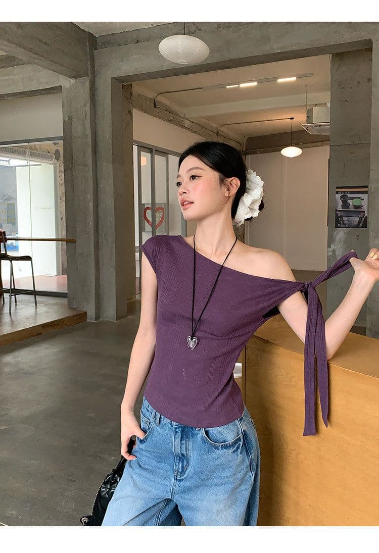 원본 대나무 마디 면 보라색 레이스업 비스듬한 어깨 반팔 티셔츠 여성 여름 디자인 센스 핫걸 오프숄더 몸매 가꾸기 맨위 상세 이미지 8