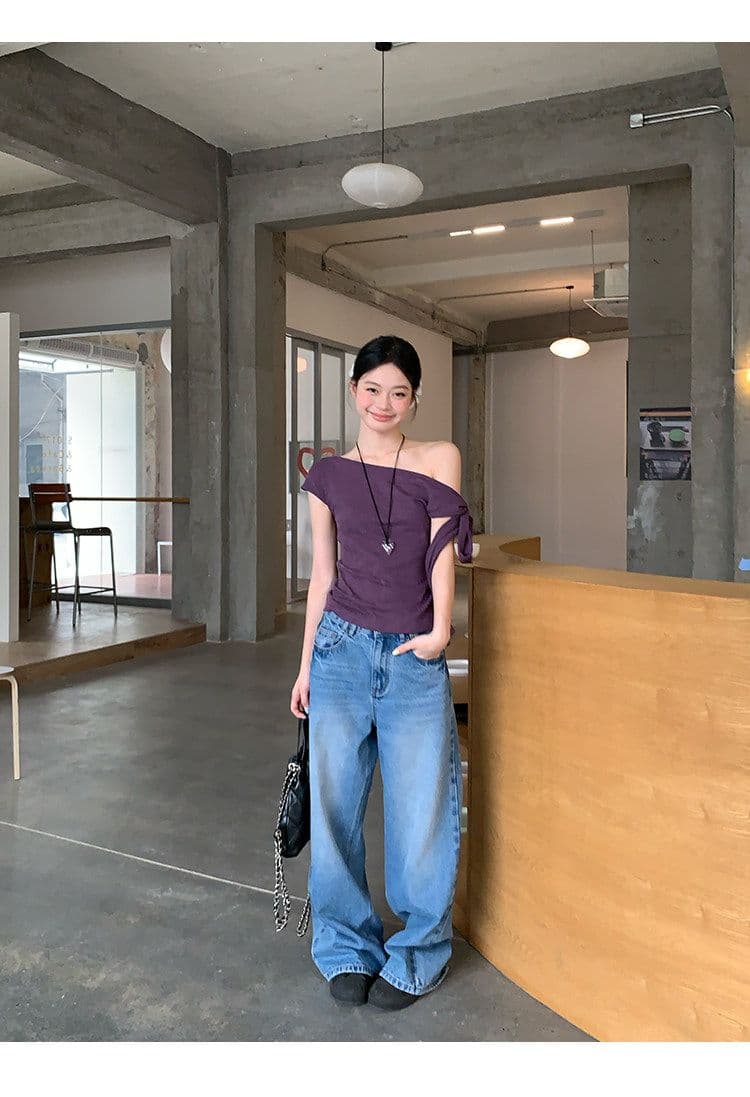 원본 대나무 마디 면 보라색 레이스업 비스듬한 어깨 반팔 티셔츠 여성 여름 디자인 센스 핫걸 오프숄더 몸매 가꾸기 맨위 상세 이미지 10