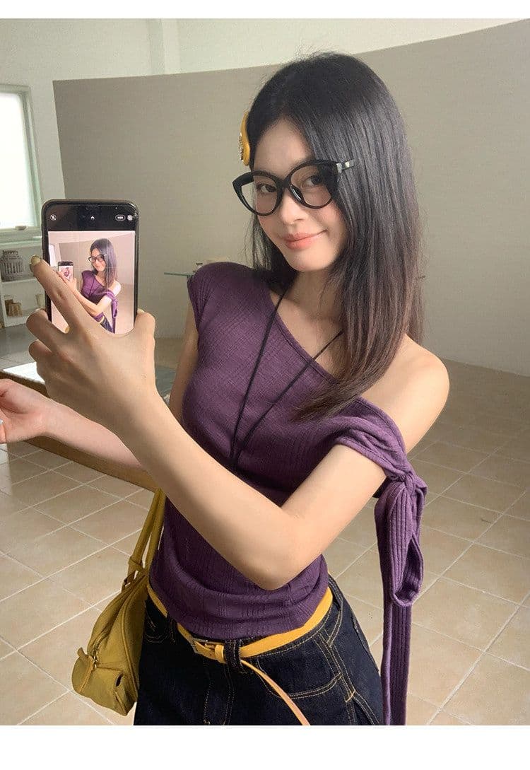 원본 대나무 마디 면 보라색 레이스업 비스듬한 어깨 반팔 티셔츠 여성 여름 디자인 센스 핫걸 오프숄더 몸매 가꾸기 맨위 상세 이미지 11
