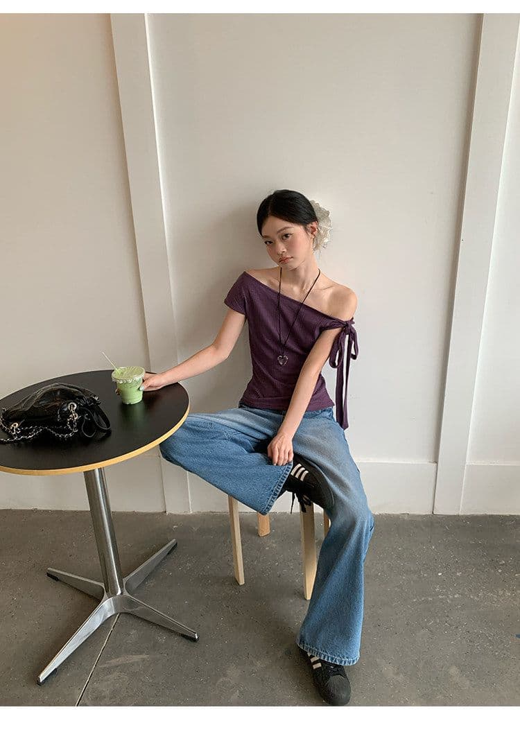 원본 대나무 마디 면 보라색 레이스업 비스듬한 어깨 반팔 티셔츠 여성 여름 디자인 센스 핫걸 오프숄더 몸매 가꾸기 맨위 상세 이미지 15