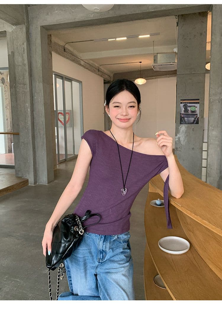 원본 대나무 마디 면 보라색 레이스업 비스듬한 어깨 반팔 티셔츠 여성 여름 디자인 센스 핫걸 오프숄더 몸매 가꾸기 맨위 상세 이미지 17