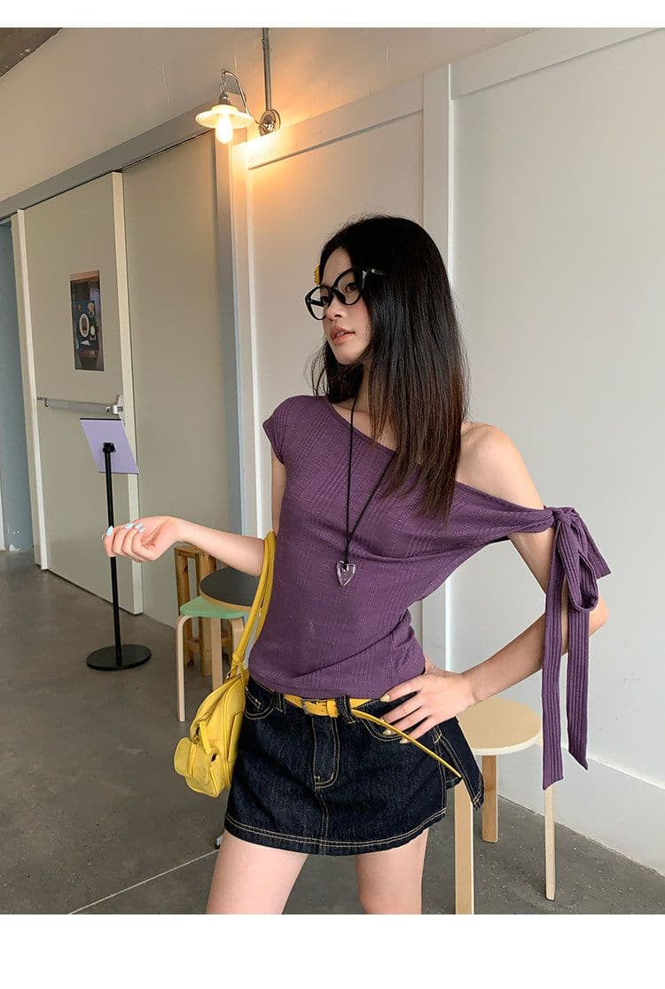 원본 대나무 마디 면 보라색 레이스업 비스듬한 어깨 반팔 티셔츠 여성 여름 디자인 센스 핫걸 오프숄더 몸매 가꾸기 맨위 상세 이미지 18