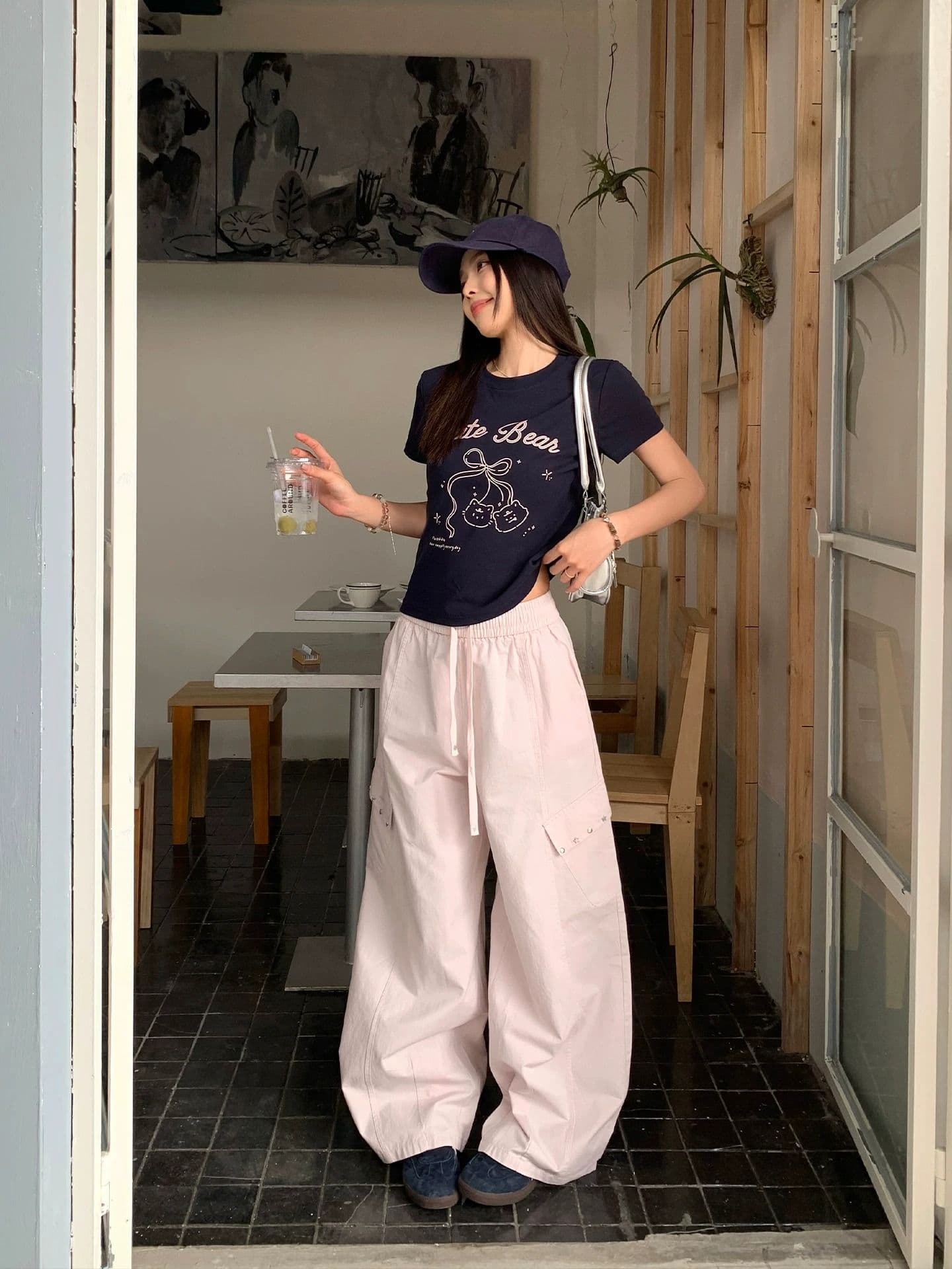 송 긍정적 인 En 블루 색상 긍정적 인 어깨 반팔 티셔츠 여성 여름 아메리칸 몸매 가꾸기 나비 매듭 프린트 슬림해 보이는 쇼트 스타일 맨위 상세 이미지 4