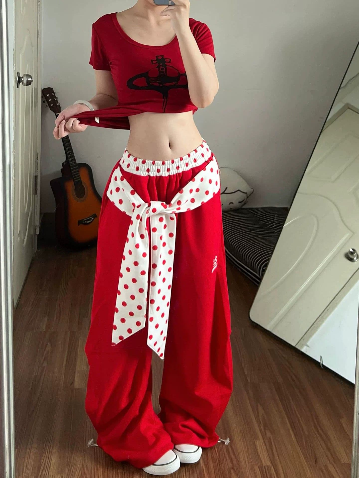 아메리칸 패치워크 배색 도트 무늬 스트랩 스택 착용 모통이 칼 웨이 바지 여성 여름 새로운 재즈 댄스 루즈핏 와이드 레그 팬츠 트렌디 이미지 2