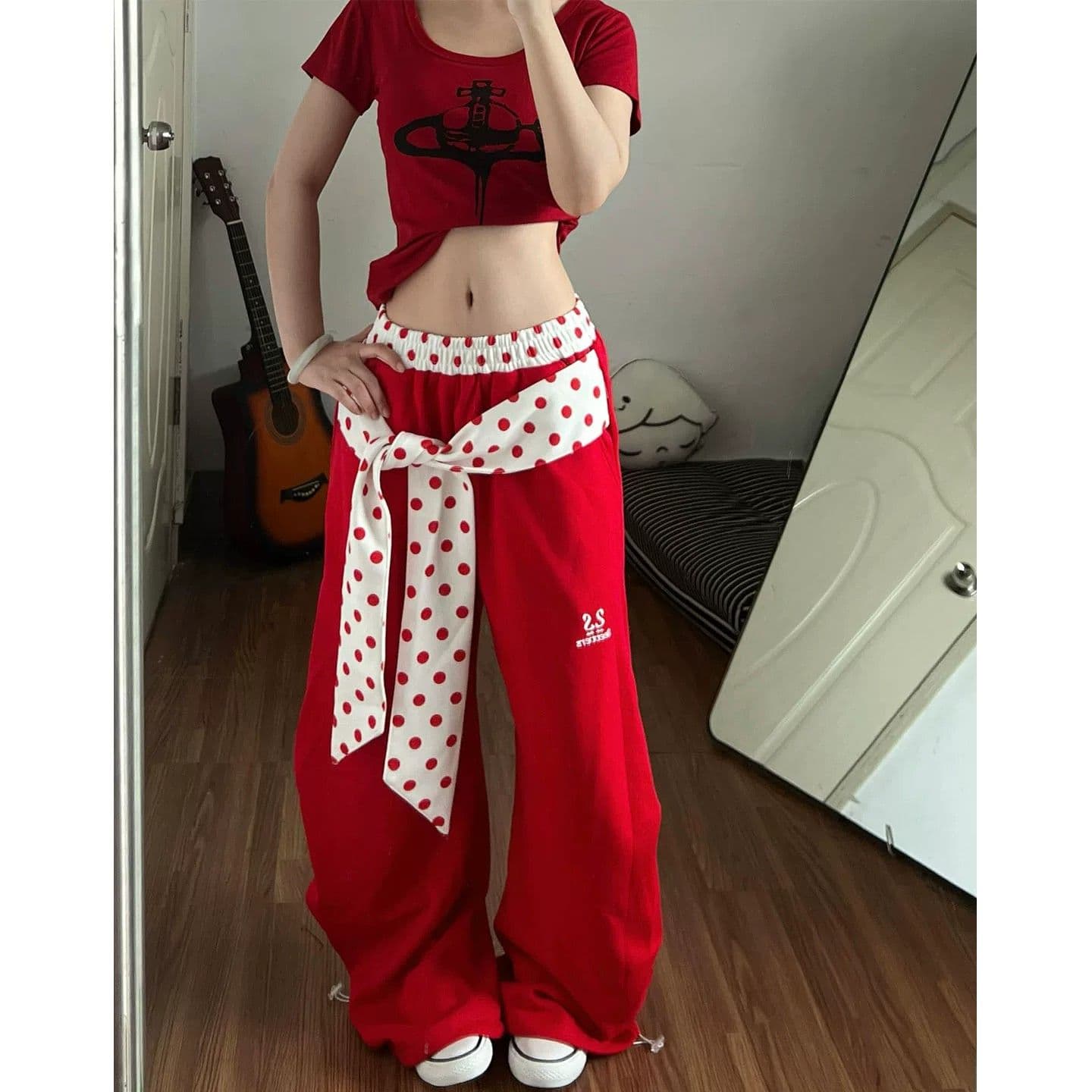 아메리칸 패치워크 배색 도트 무늬 스트랩 스택 착용 모통이 칼 웨이 바지 여성 여름 새로운 재즈 댄스 루즈핏 와이드 레그 팬츠 트렌디 상세 이미지 2