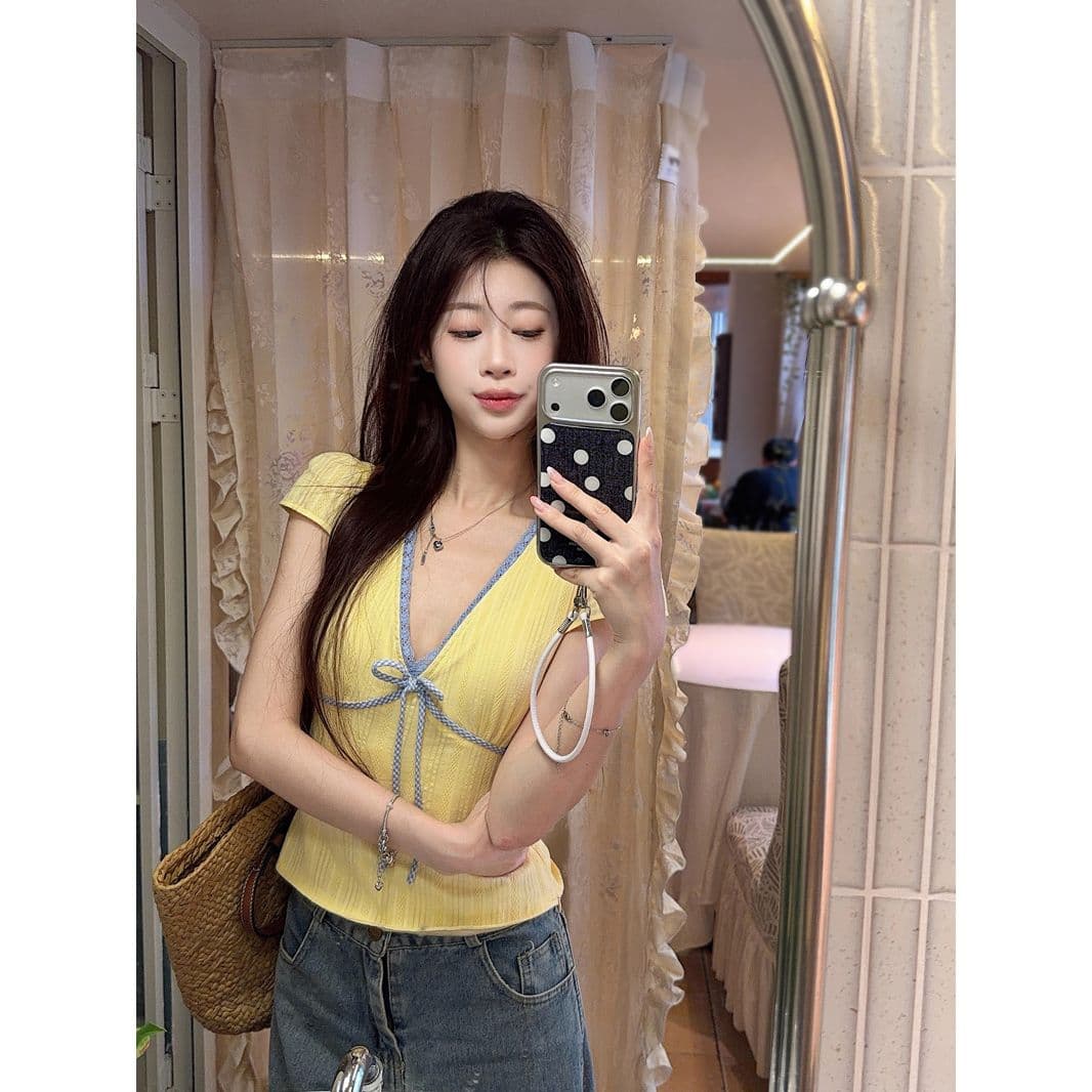 한 부서 순수한 욕망 배색 V넥 반팔 티셔츠 여성 여름 허리 수축 슬림해 보이는 레이스 레이스 품격 맨위 2026 새로운